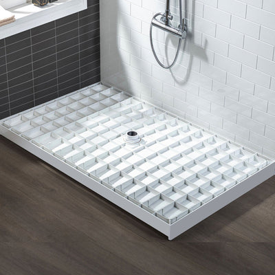 WoodBridge 60" x 34" White Solid Surface Shower Base Center Drain Location With Brushed Nickel Trench Drain Cover