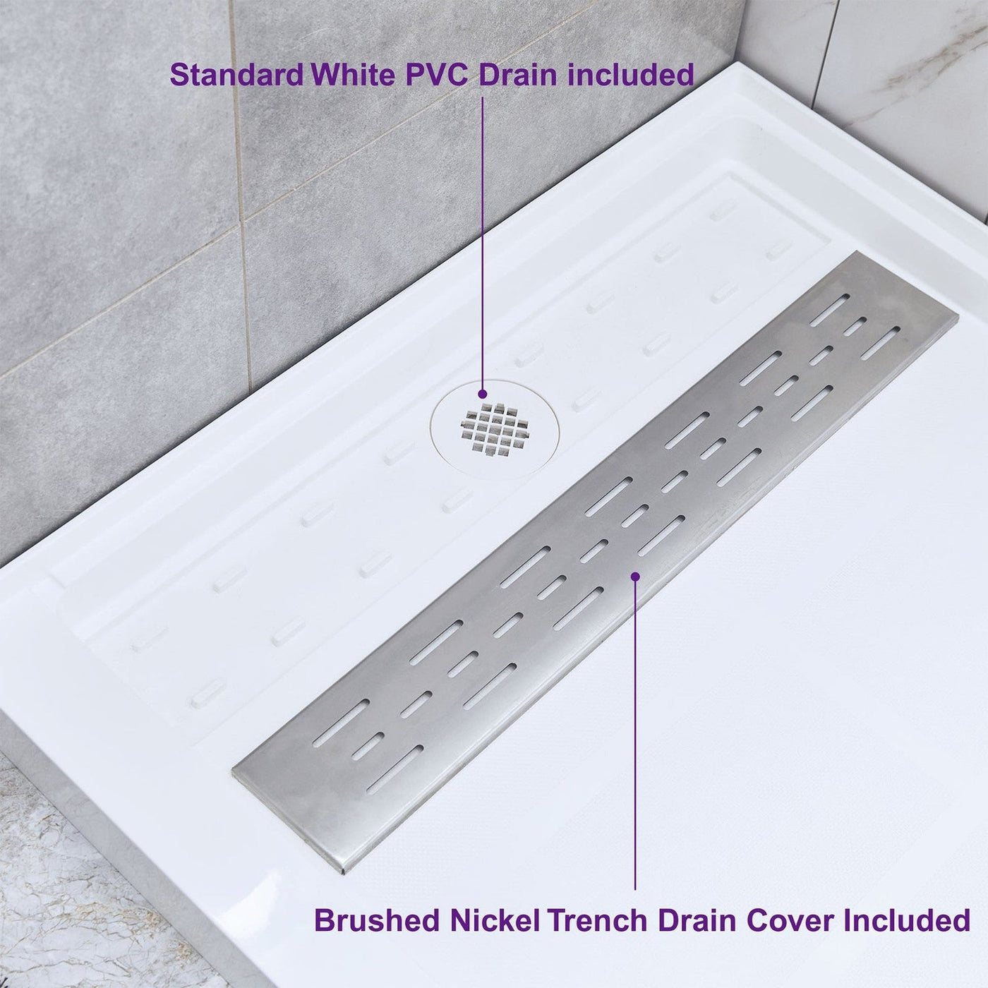 WoodBridge 60" x 36" White Solid Surface Shower Base Right Drain Location With Brushed Nickel Trench Drain Cover