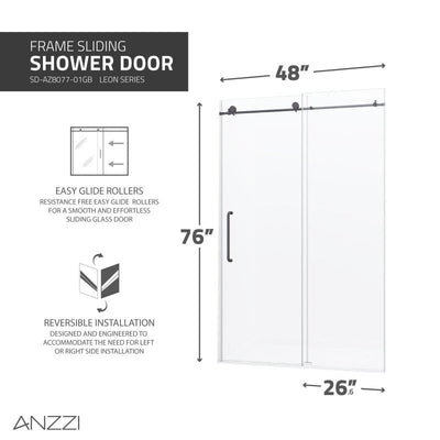 Leon Series 48 in. by 76 in. Frameless Sliding Shower Door in Gunmetal with Handle SD-AZ8077-01GB