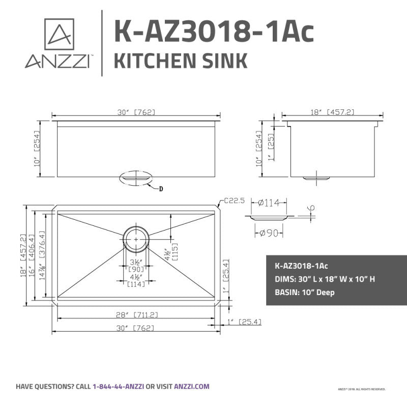 ANZZI Aegis Undermount Stainless Steel 30 in. 0-Hole Single Bowl Kitchen Sink with Cutting Board and Colander K-AZ3018-1Ac