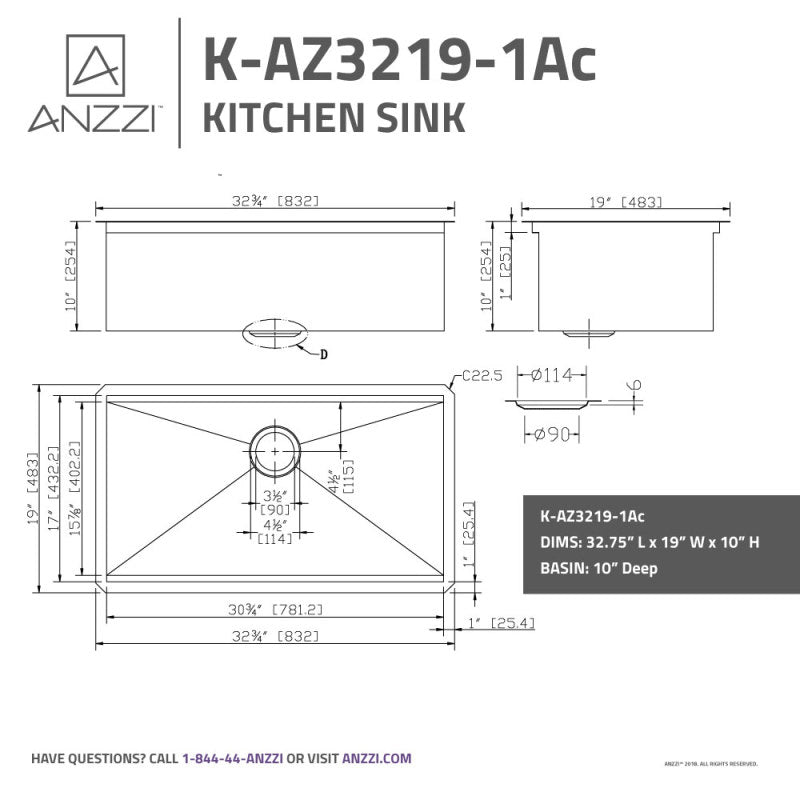 ANZZI Aegis Undermount Stainless Steel 32.75 in. 0-Hole Single Bowl Kitchen Sink with Cutting Board and Colander K-AZ3219-1Ac