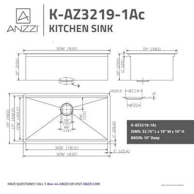 ANZZI Aegis Undermount Stainless Steel 32.75 in. 0-Hole Single Bowl Kitchen Sink with Cutting Board and Colander K-AZ3219-1Ac