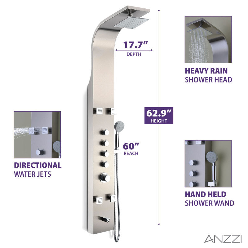 ANZZI Echo 63.5 in. 4-Jetted Full Body Shower Panel with Heavy Rain Showerhead, Spray Wand and Tub Spout in Brushed Steel SP-AZ022