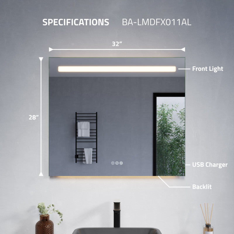 ANZZI 28-in. x 32-in. LED Front/Top/Bottom Light Bathroom Mirror with Defogger BA-LMDFX011AL