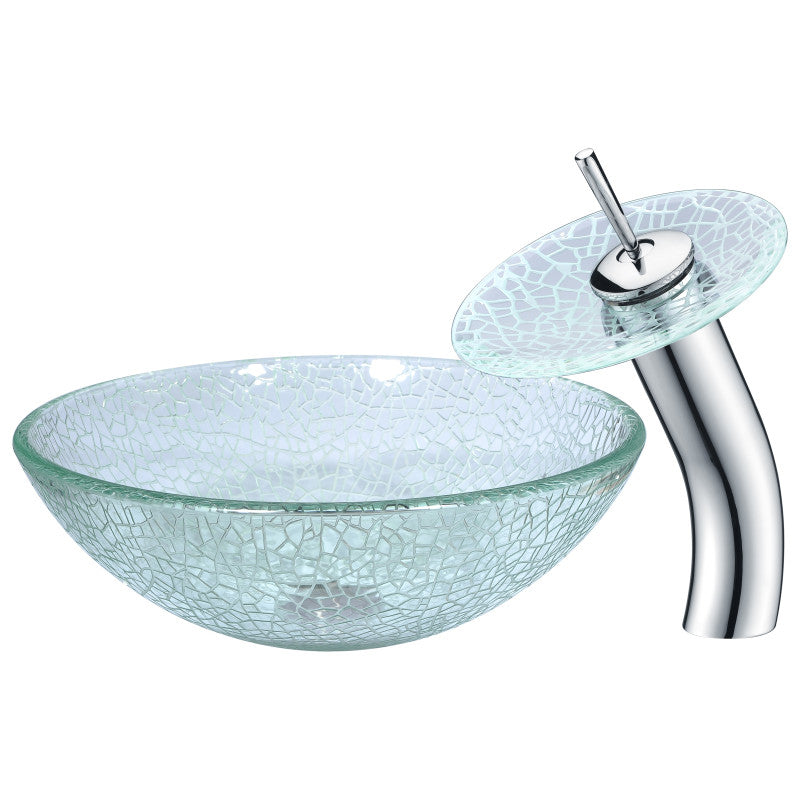 LS-AZ063 - ANZZI Choir Series Deco-Glass Vessel Sink in Crystal Clear Mosaic with Matching Chrome Waterfall Faucet