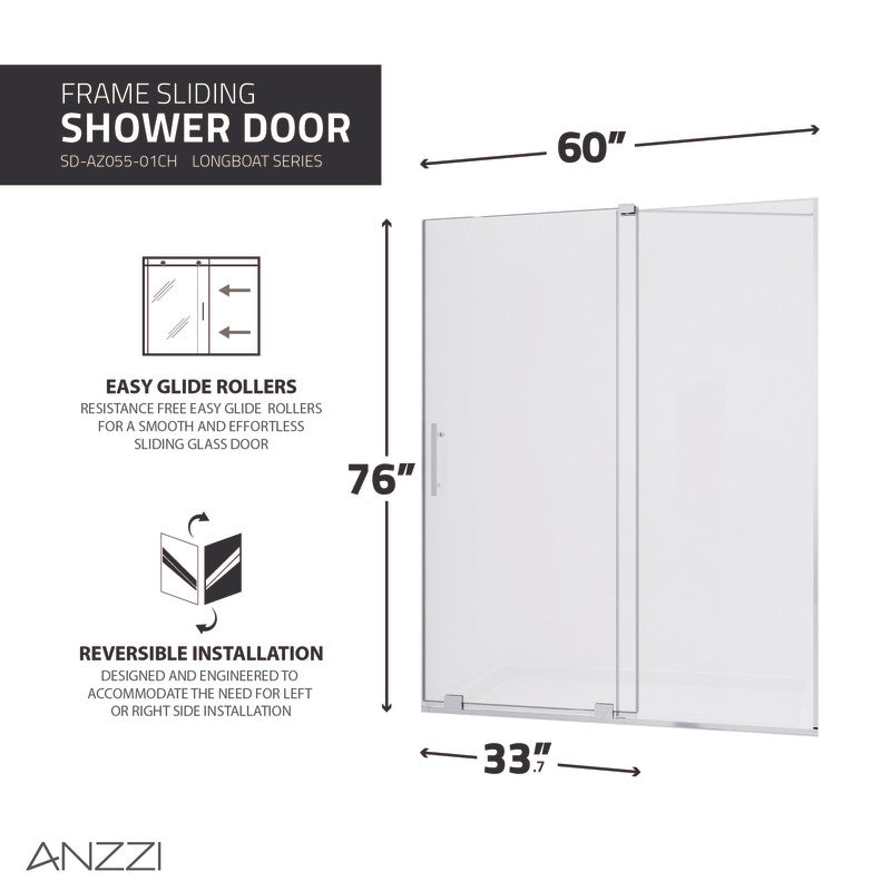 ANZZI Longboat Series 60 in. x 76 in. Semi-Frameless Shower Door with TSUNAMI GUARD SD-AZ055-01BN