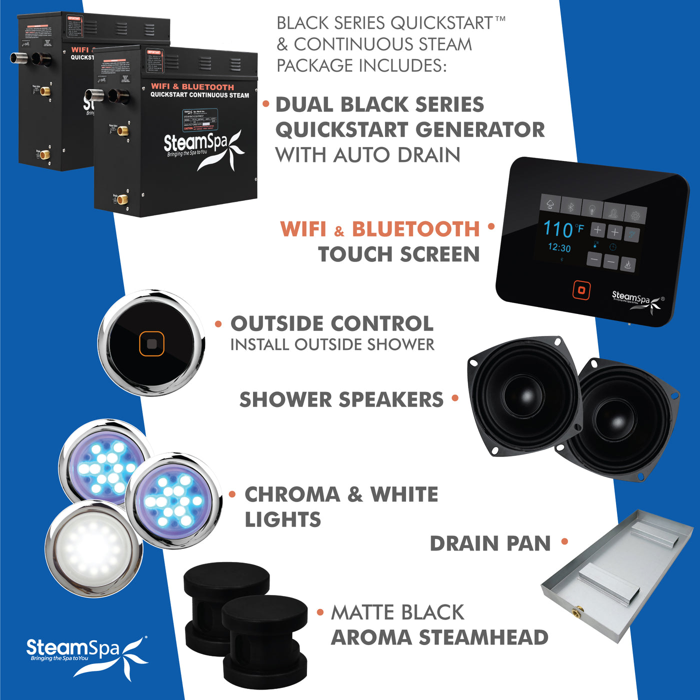 Black Series WiFi and Bluetooth 2 x 7.5kW QuickStart Steam Bath Generator Package with Dual Aroma Pump in Matte Black BKT1500MK-ADP