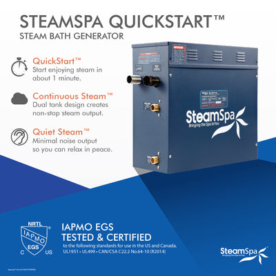 SteamSpa Executive 4.5 KW QuickStart Acu-Steam Bath Generator Package with Built-in Auto Drain and Install Kit in Brushed Nickel | Steam Generator Kit with Dual Control Panel Steamhead 240V | EXT450BN-A