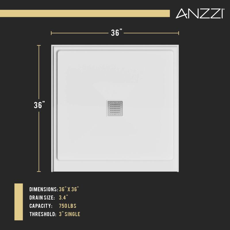 ANZZI ALEXANDER 36 in. x 36 in. Center Drain Shower Base in White SB-AZ102C