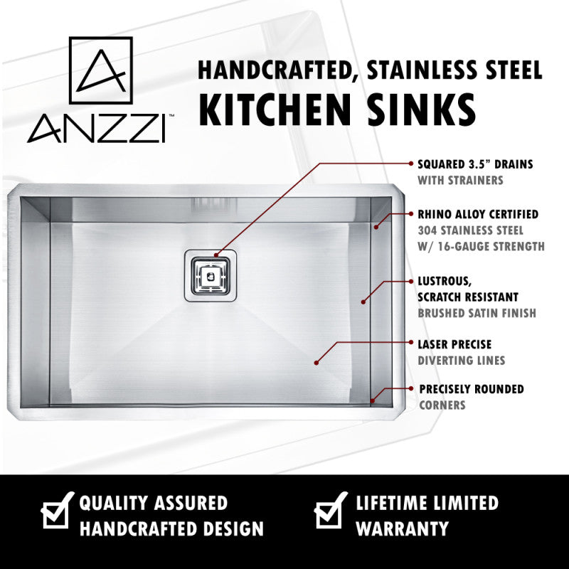 ANZZI Vanguard Undermount Stainless Steel 30 in. 0-Hole Single Bowl Kitchen Sink in Brushed Satin K-AZ3018-1AS