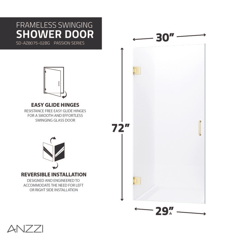 ANZZI Passion Series 30 in. by 72 in. Frameless Hinged Shower Door with Handle SD-AZ8075-02BG