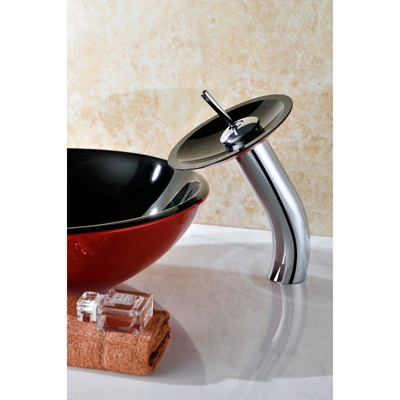 ANZZI Chord Series Deco-Glass Vessel Sink in Lustrous Black and Red with Matching Chrome Waterfall Faucet LS-AZ041