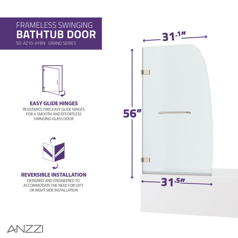 ANZZI Grand Series 31.5 in. by 56 in. Frameless Hinged Tub Door SD-AZ10-01MB