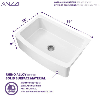 ANZZI Prisma Series Farmhouse Solid Surface 36 in. 0-Hole Single Bowl Kitchen Sink with 1 Strainer K-AZ273-A1