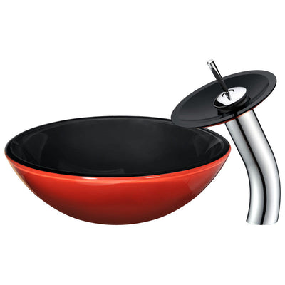 ANZZI Chord Series Deco-Glass Vessel Sink in Lustrous Black and Red with Matching Chrome Waterfall Faucet LS-AZ041