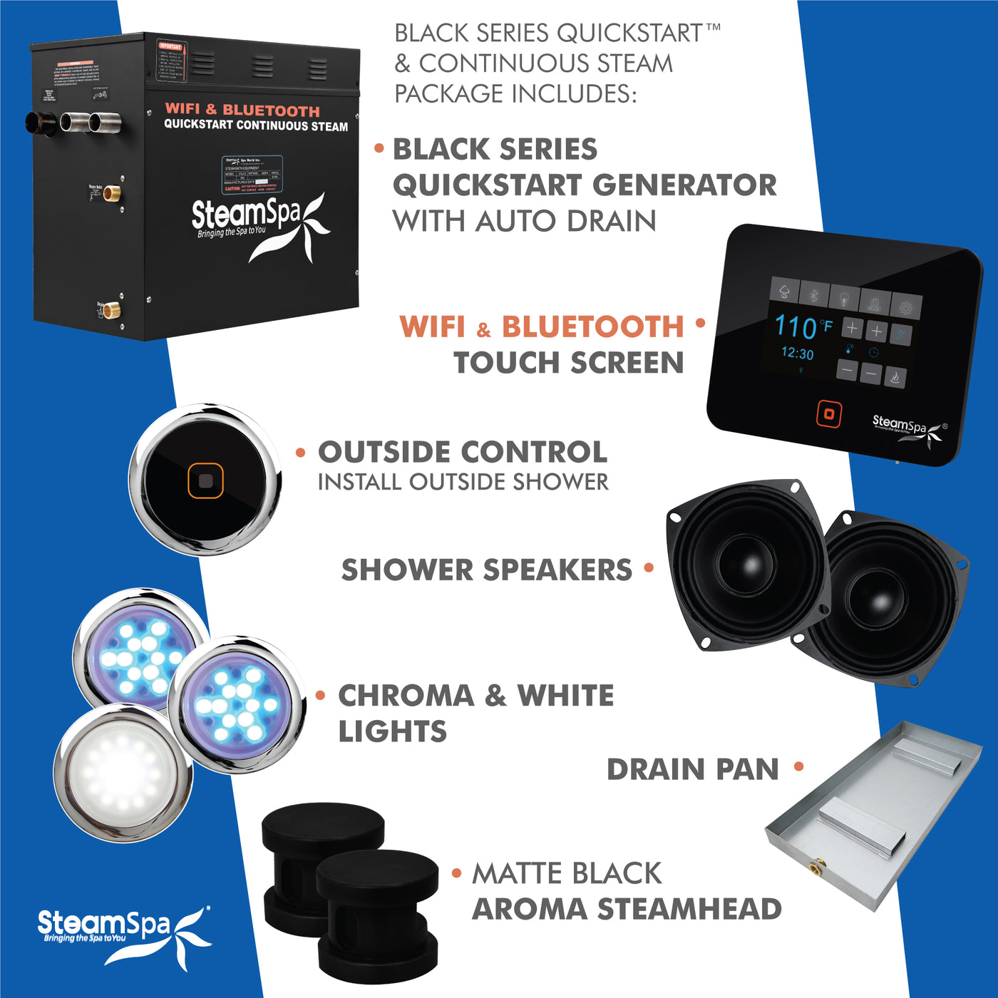 Black Series WiFi and Bluetooth 10.5kW QuickStart Steam Bath Generator Package with Dual Aroma Pump in Matte Black BKT1050MK-ADP