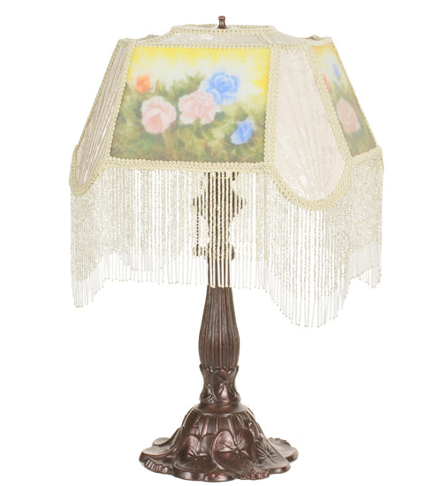 Meyda 24" High Reverse Painted Roses Fabric with Fringe Accent Lamp