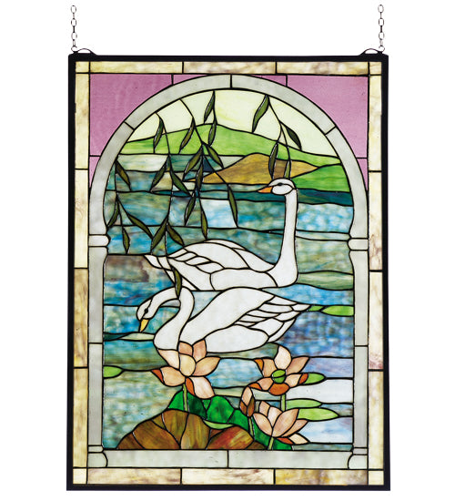 Meyda 22"W X 30"H Swans Stained Glass Window 23868