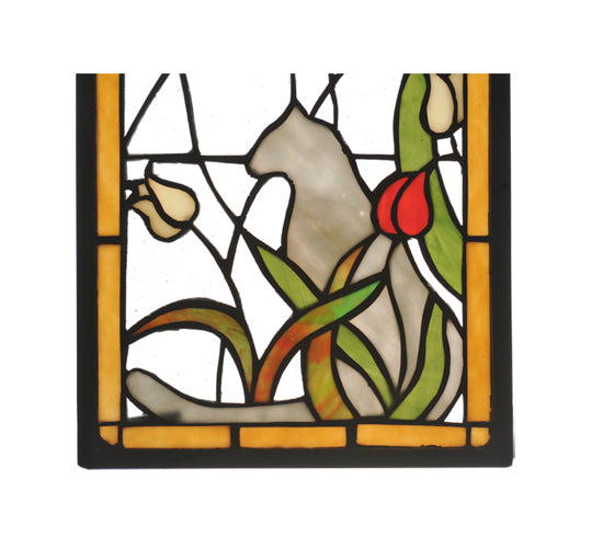 Meyda 9"W X 25"H Cat & Tulips Stained Glass Window '67117