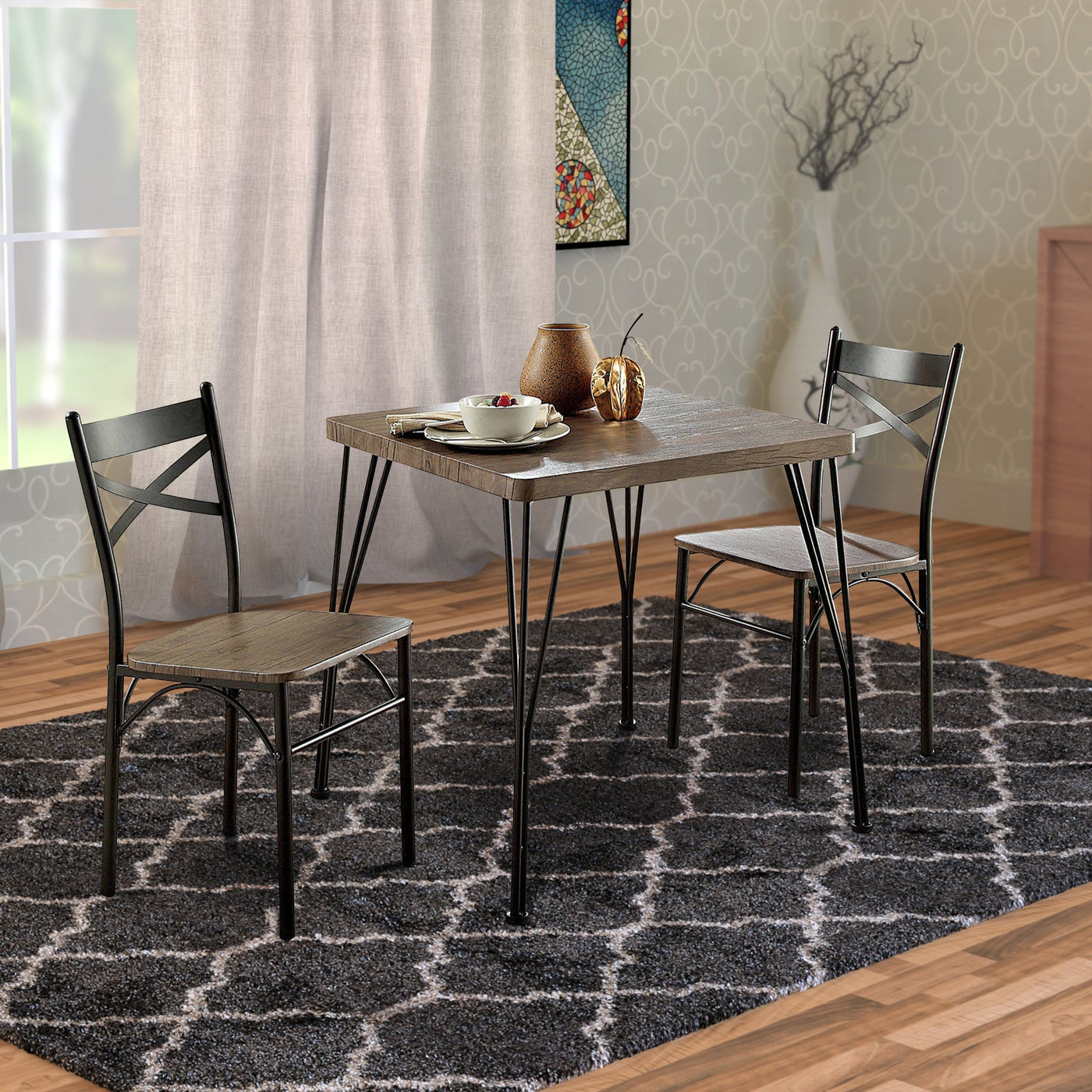 BENZARA Industrial Style 3 Piece Dining Table Wood And Metal, Brown And Black - BM119853
