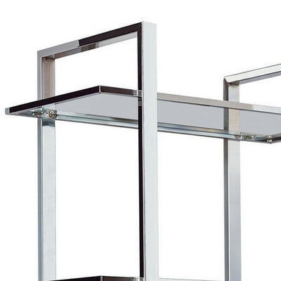 BENZARA 79 Inch Bookcase, Metal Frame, Tempered Glass Shelves, Polished, Silver - BM282971