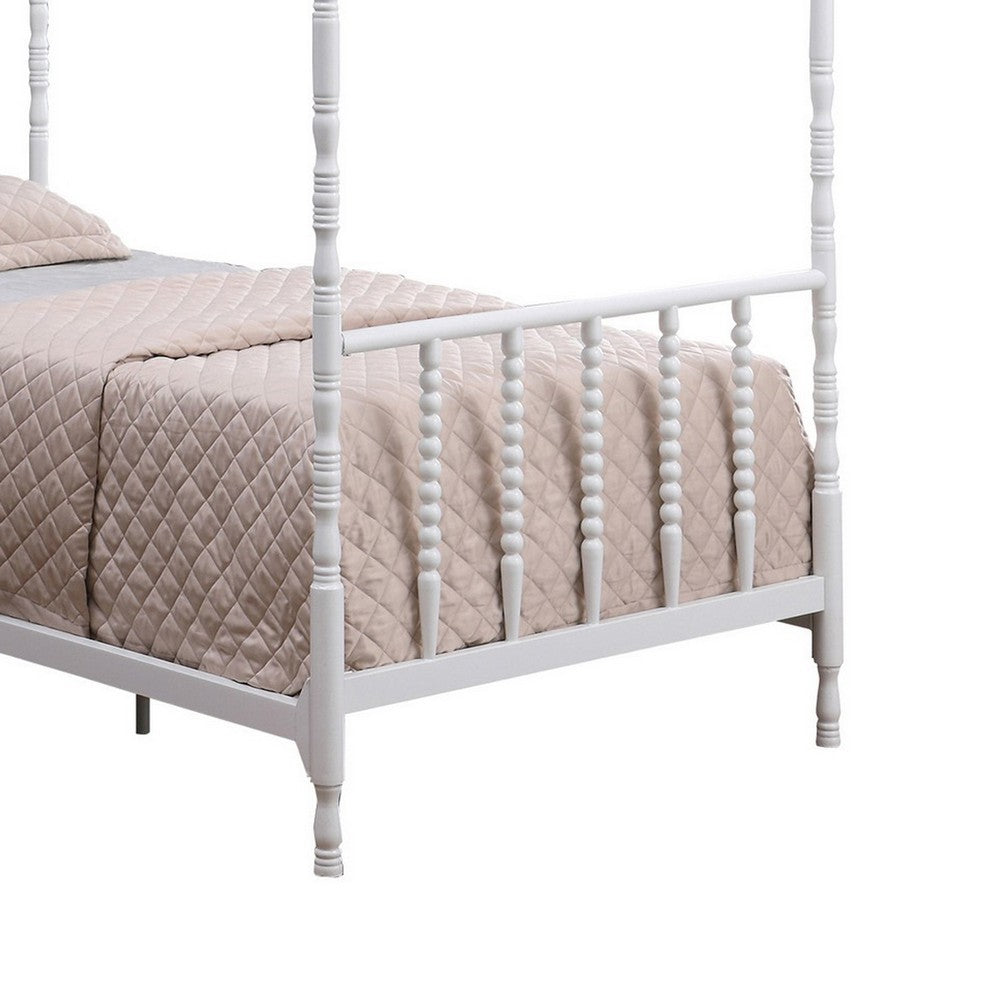 BENZARA Modern Metal Twin Size Canopy Bed, Spindled Turned Posts, Classic White - BM283037