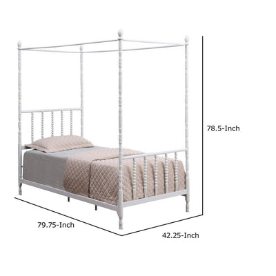 BENZARA Modern Metal Twin Size Canopy Bed, Spindled Turned Posts, Classic White - BM283037