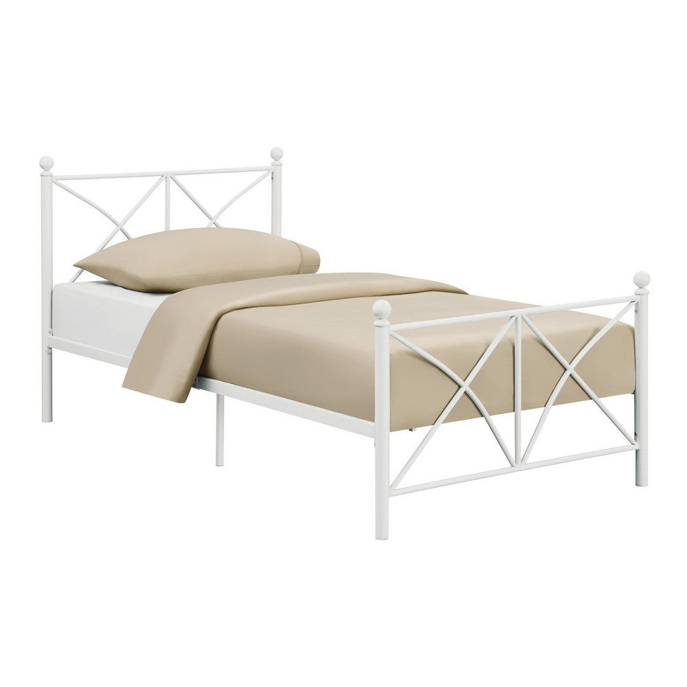 BENZARA Kelly Modern Twin Size Bed, X Designed Frame, Rustic Style, Metal, White - BM283039