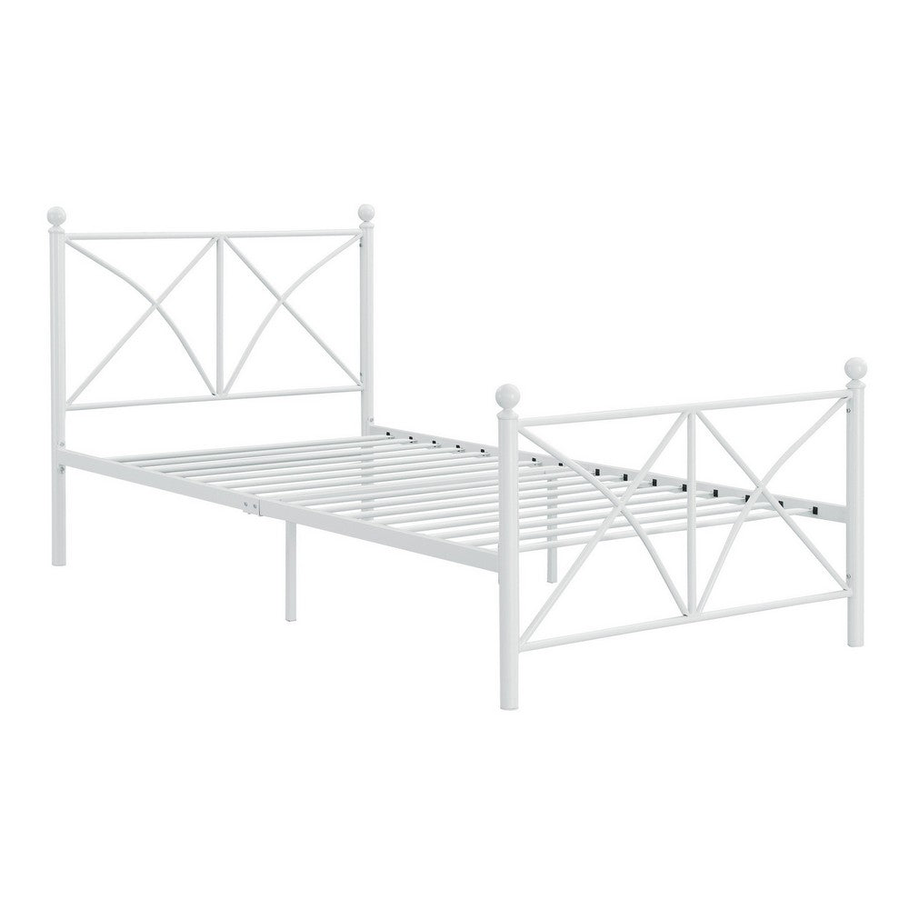 BENZARA Kelly Modern Twin Size Bed, X Designed Frame, Rustic Style, Metal, White - BM283039