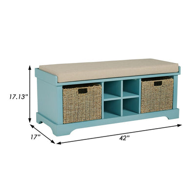 BENZARA Dio 42 Inch Storage Bench, Cushioned Top, 2 Wicker Baskets, Blue, Beige - BM283061