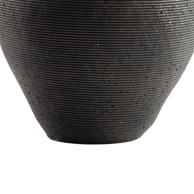 BENZARA Dale 12 Inch Round Polyresin Vase, Wavy Ribbed Spiral Texture Antique Brown - BM283062