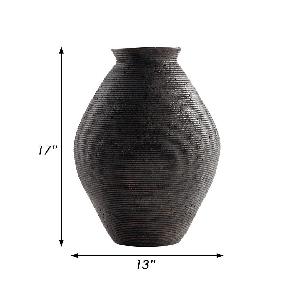 BENZARA Dale 17 Inch Round Polyresin Vase, Tightly Ribbed Texture, Antique Brown - BM283063