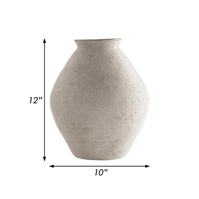 BENZARA Dale 12 Inch Round Polyresin Vase, Wavy Ribbed Spiral Texture Antique Beige - BM283064