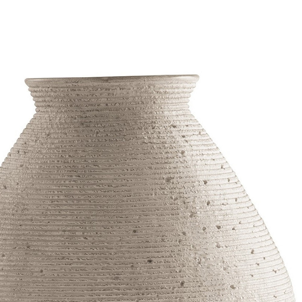 BENZARA Dale 17 Inch Round Polyresin Vase, Tightly Ribbed Texture, Antique Beige - BM283065