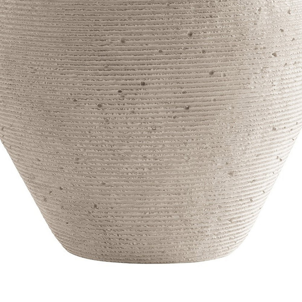 BENZARA Dale 17 Inch Round Polyresin Vase, Tightly Ribbed Texture, Antique Beige - BM283065
