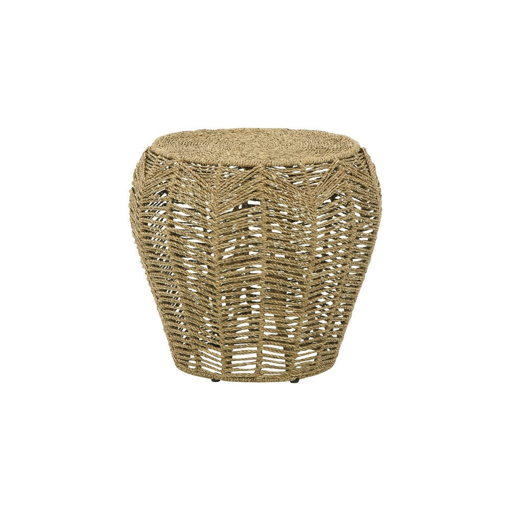 BENZARA 19 Inch Classic Rustic Style Side Stool, Woven Design, Wood, Natural Brown - BM283103
