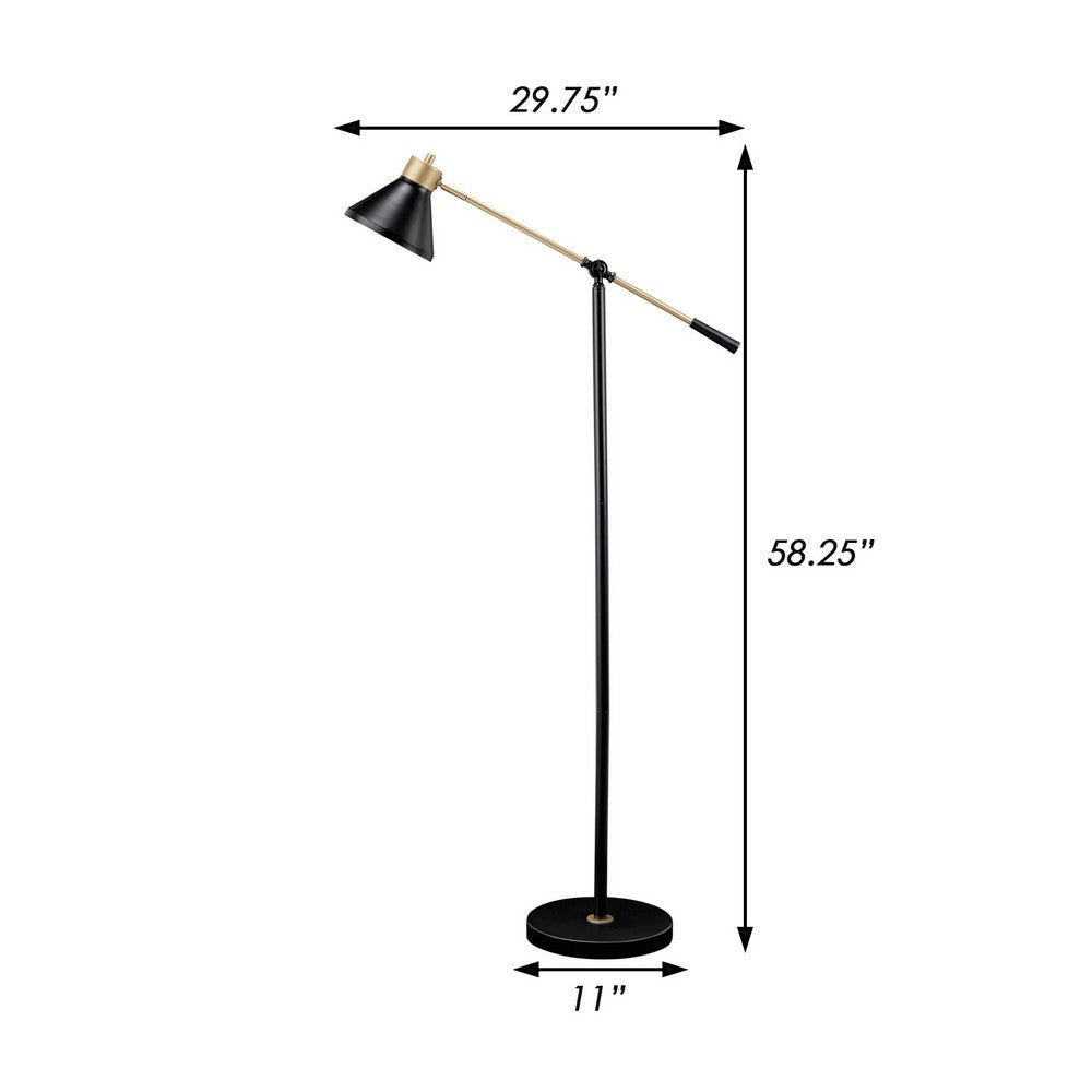 BENZARA 58 Inch Classic Metal Floor Lamp, Adjustable Shade Height, Gold, Black - BM283118