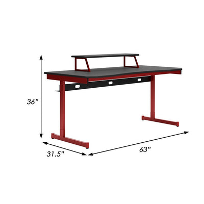 BENZARA 63 Inch Modern Home Office Gaming Desk, Monitor Stand, Metal, Black, Red - BM283121