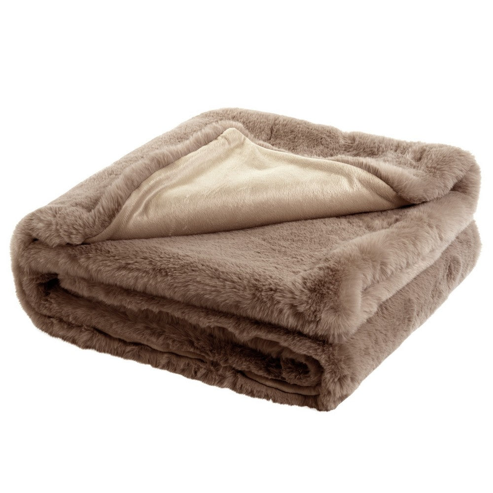 BENZARA 60 Inch Throw Blanket, Soft Faux Rabbit Fur Front, Set of 3, Fabric, Taupe - BM283138