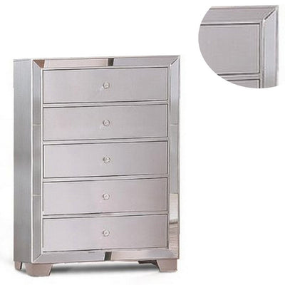 BENZARA Eli 46 Inch Deluxe Wood 5 Drawer Tall Dresser Chest, Mirrored Trim, Silver - BM283197