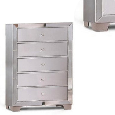 BENZARA Eli 46 Inch Deluxe Wood 5 Drawer Tall Dresser Chest, Mirrored Trim, Silver - BM283197