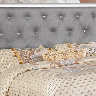BENZARA Eli Crystal Tufted Queen Bed, LED, Mirror Inlays, Wood, Gray Velvet, Silver - BM283198