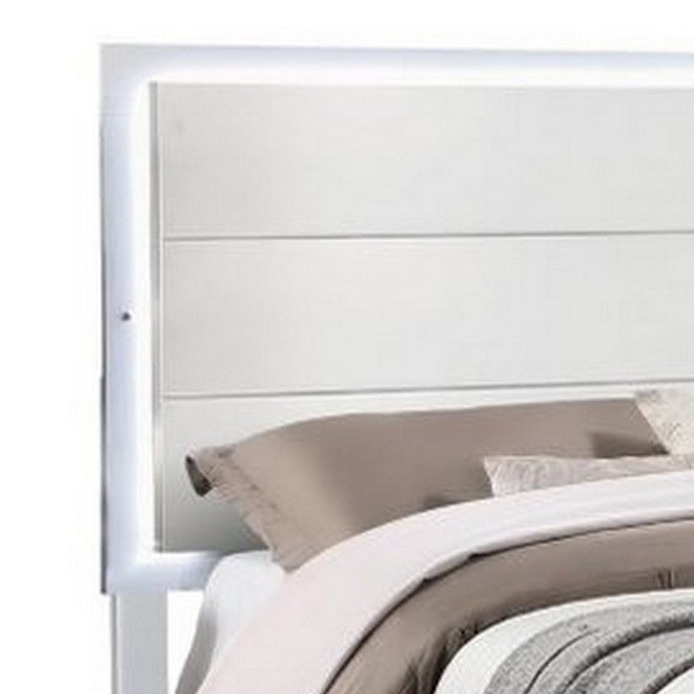 BENZARA Vin Modern Queen Size Bed, Panel Headboard, LED Light, Crisp White Finish - BM283225