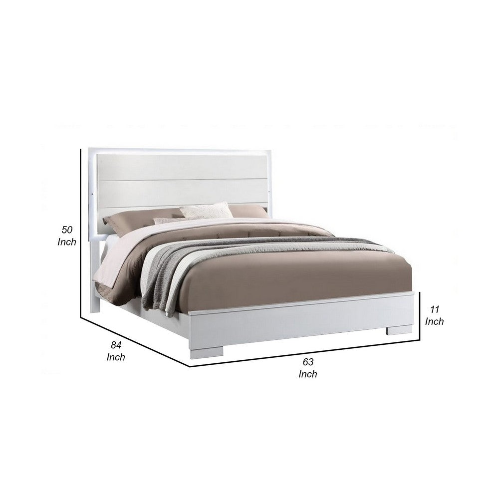 BENZARA Vin Modern Queen Size Bed, Panel Headboard, LED Light, Crisp White Finish - BM283225