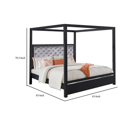 BENZARA Abrie Solid Wood Canopy Queen Bed, Button Tufted, Touch LED, Dark Gray - BM283248