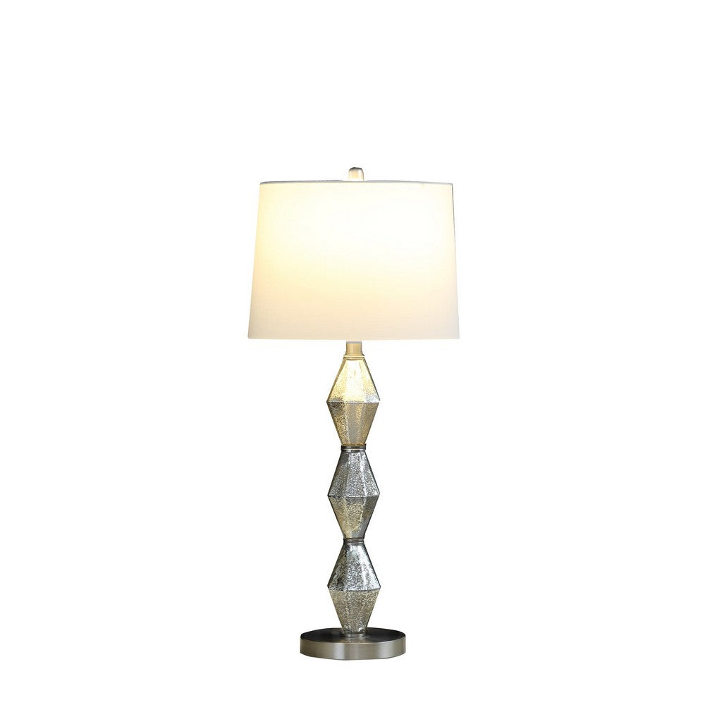 BENZARA Ruth 30 Inch Accent Table Lamp, Glass Diamond Pedestal Base, White, Silver - BM283265