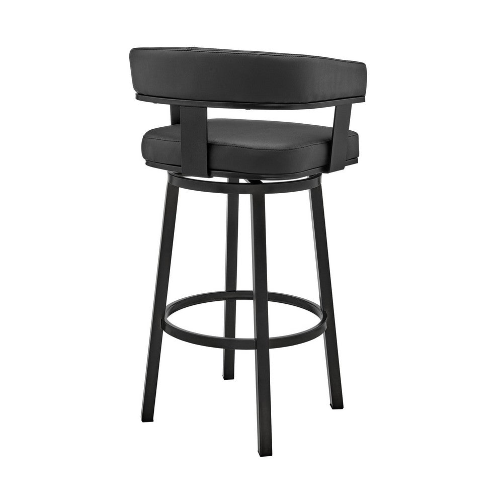 BENZARA Jack 30 Inch Bar Height Stool, Swivel Chair, Vegan Faux Leather, Black - BM283285