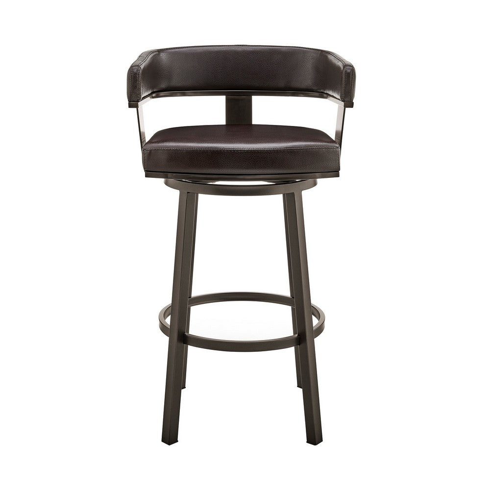 BENZARA Jack 30 Inch Bar Height Stool, Swivel Chair, Vegan Faux Leather, Brown - BM283287