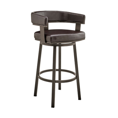 BENZARA Jack 30 Inch Bar Height Stool, Swivel Chair, Vegan Faux Leather, Brown - BM283287