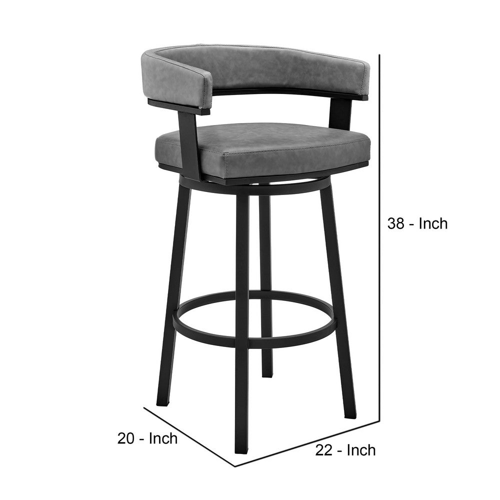 BENZARA Jack 30 Inch Bar Height Stool, Swivel Chair, Vegan Faux Leather, Gray - BM283289